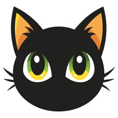 Cartoon Black Cat Head with Big Green Eyes, Whiskers, Orange Ears, and Funny Expression