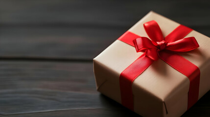 A beautifully wrapped gift box with a red ribbon, perfect for celebrations, holidays, or special occasions, creating a sense of joy.