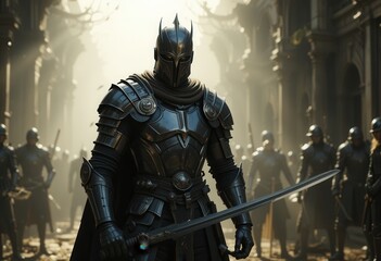 Fototapeta premium Knight in armor stands ready in a medieval battleground