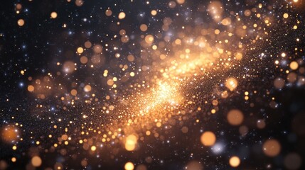 Ethereal cosmic dust landscape with shimmering gold particles and bokeh lights against dark backdrop