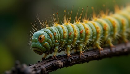 Vibrant Caterpillar on Branch Showcasing Spiky Green Body