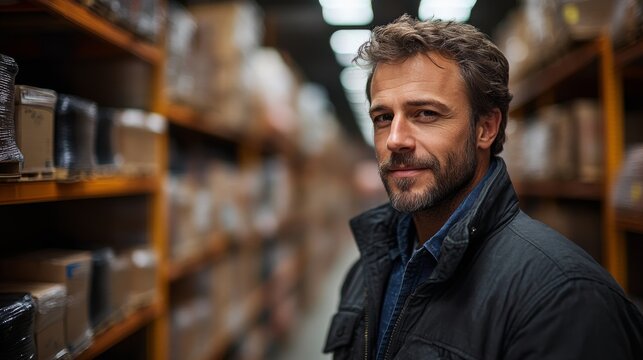 A warehouse worker exudes confidence while surrounded by shelves stocked with various packages.