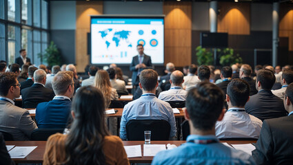 Large group of business people attending conference presentation
