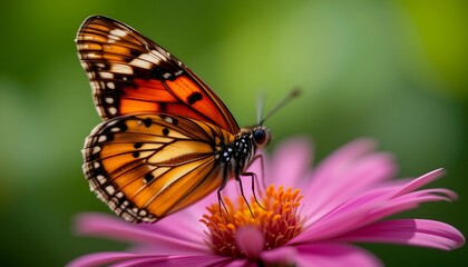 Fototapeta premium Orange and Black Butterfly on Purple Flower with Yellow Center