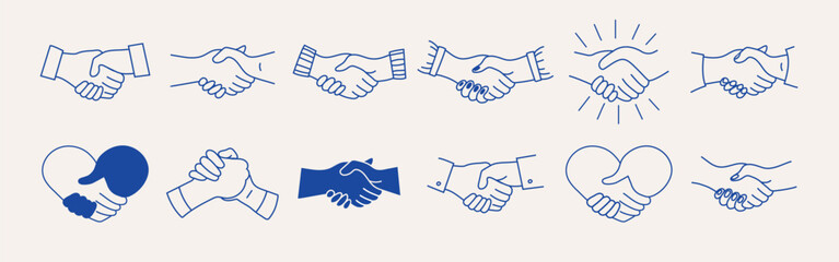 Fototapeta premium Handshake simple set. A symbol of partnership and agreement for apps, UI, websites, and design elements. Collection of human arms with different handshake variations. Vector illustration.