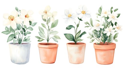 Fototapeta premium Elegant Watercolor Set of Flower Pots and Lush Bouquets for Artistic Designs
