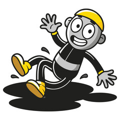 Cartoon character slipping on black oil slick, expression of shock, outline style