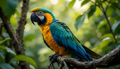 Fototapeta premium Colorful Parrot Perched on Tree Branch Amid Green Forest