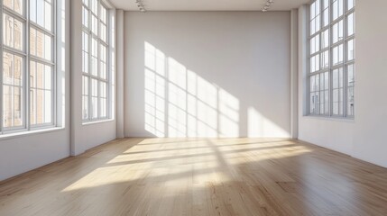 Bright airy open studio space featuring polished wood floors sunlight streaming through large windows minimalist design