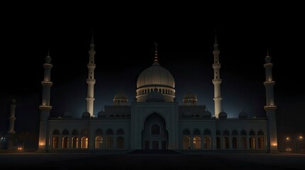Illuminated Mosque at Night with Minarets and Dome Architecture