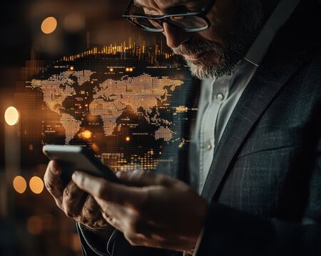 A man in a suit uses a smartphone, surrounded by a digital world map and data visuals, representing technology and connectivity. - Powered by Adobe