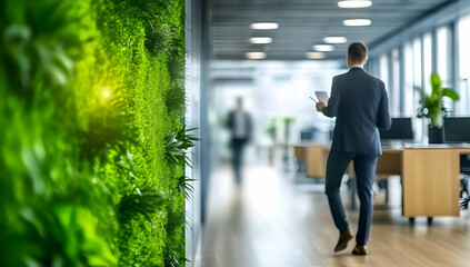 Fototapeta premium A businessman walks through a modern office, showcasing an eco-friendly workspace with lush green walls and a professional atmosphere.