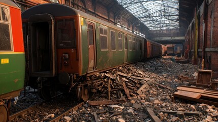 Obraz premium Abandoned railway station with derelict trains amidst debris and shafts of light illuminating the scene