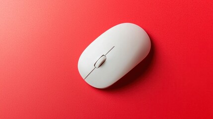 Modern ergonomic white computer mouse on vibrant red background top view clean minimal studio shot
