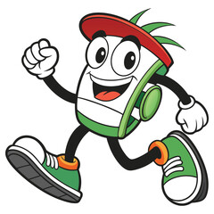 Animated Running Glass Mascot Character with Red Cap, Smiling Face, and Arms Raised