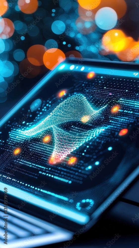 Poster abstract data visualization on a laptop screen with colorful bokeh