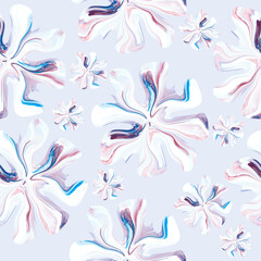 Seamless pattern of abstract decorative flowers, blue and purple creative hand painted background, brush texture.