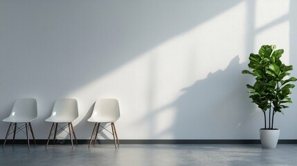 Serene Waiting Room Interior with White Chairs and Elegant Plant Next to Sunlit Wall Casting Shadows