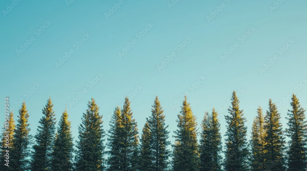 Poster A row of tall pine trees forming a dense tree line under a clear blue sky. 