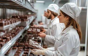 Employees are inspecting chocolate on trays on food production line, ensuring its quality with focused expressions during their daily task