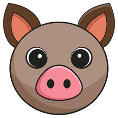 Cartoon Pig Face Icon. Round Animal Head with Pink Snout, Eyes and Brown Outlines