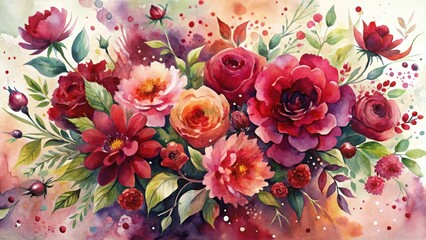 A Luxurious Watercolor Painting of a Vibrant and Lush Floral Arrangement Featuring Deep Red, Pink, and Orange Blooms