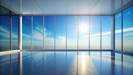 Sunlit Modern Room with Expansive Floor-to-Ceiling Windows Offering a Breathtaking Panoramic View of the Sky