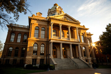 Fototapeta premium A historic courthouse building with ornate architecture is illuminated by sunlight, showcasing its impressive columns and detailed design.