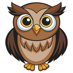 Cartoon Owl Brown Feathered Bird, Yellow Eyes, Small Beak, White Background