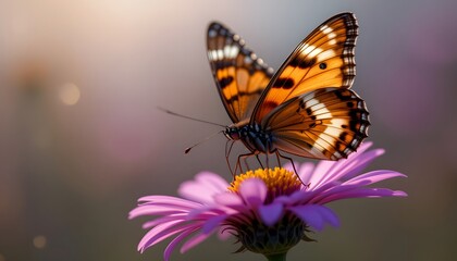 Fototapeta premium Orange and Black Butterfly on Pink Flower with Nature Backdrop