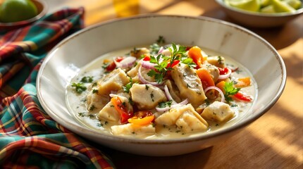 Salt Mackerel Run Down (Jamaican Coconut Fish Stew) with herbs and spices (Jamaican Cuisine)