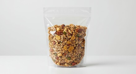 Granola Mix in Transparent Bag Close Up Isolated on White