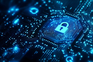 Fototapeta premium A close-up of a digital lock symbol on a vibrant blue circuit board, illustrating cybersecurity and data protection themes.