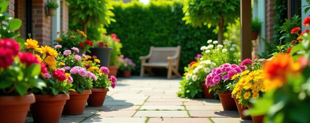 A vibrant patio garden bursting with colorful flowers in an array of containers, showcasing a beautiful and lively container gardening and flower display idea,  gardening,  colorful flowers