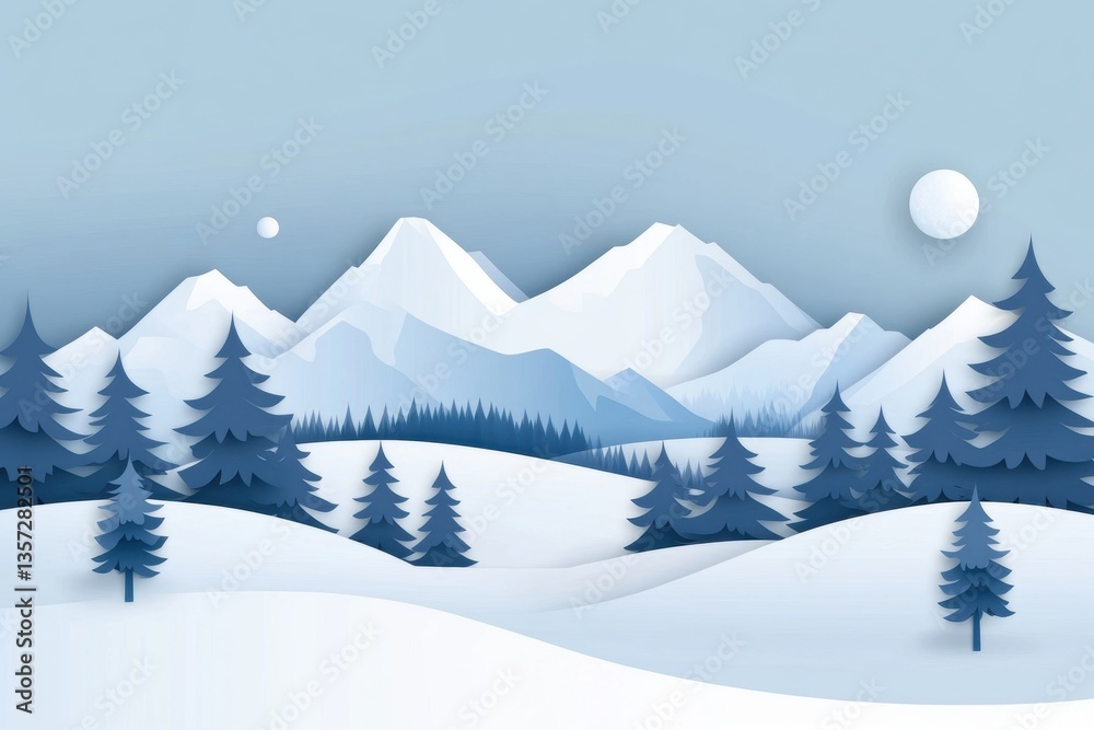 Leinwandbilder Peaceful winter landscape featuring snowy mountains and pine trees with a soft blue gradient sky and layered effect Generative AI