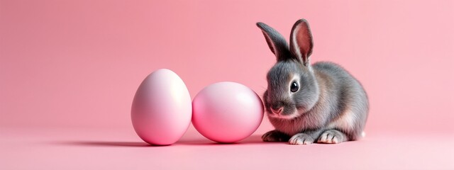 A gray rabbit sitting next to a pink egg on a pink background.