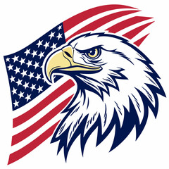 This is a patriotic illustration of a bald eagle with its wings spread wide, decorated in the American flag colors. The design represents strength, freedom, and national pride, often used in military,