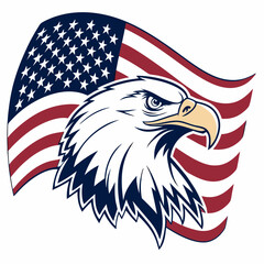 This is a patriotic illustration of a bald eagle with its wings spread wide, decorated in the American flag colors. The design represents strength, freedom, and national pride, often used in military,