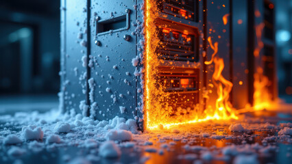 Computer on fire amidst snowy ground with melting ice.