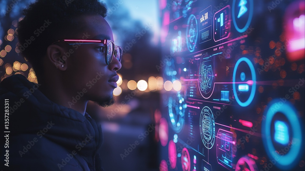 Poster standing in a bustling city at dusk, a young person with stylish eyewear interacts with illuminated 