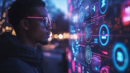 Standing in a bustling city at dusk, a young person with stylish eyewear interacts with illuminated digital displays showcasing advanced technology and data visuals.
