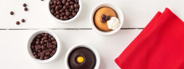 A white table topped with bowls of chocolate chips and a red napkin.