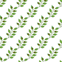 A seamless vector pattern featuring green leaves with ladybug and water droplets on a white background. The design is repetitive and ideal for textiles or wallpapers.