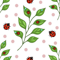 A seamless vector pattern featuring red ladybugs on green leaves against a white background with pink polka dots. The design is playful and vibrant, suitable for textiles or children's decor.
