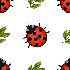 A seamless vector pattern featuring cute ladybugs and green leaves on a white background. The ladybugs are bright red with black spots, and the leaves are various shades of green.