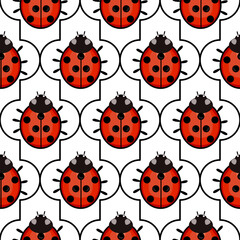 A seamless vector pattern featuring red ladybugs with black spots on a white background. The ladybugs are arranged in a grid-like formation, creating a playful and vibrant design.