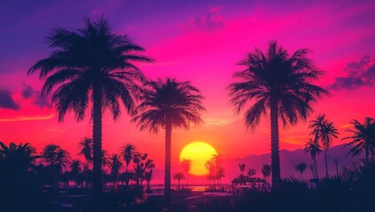 Vibrant sunset sky illuminating palm trees on a tropical beach