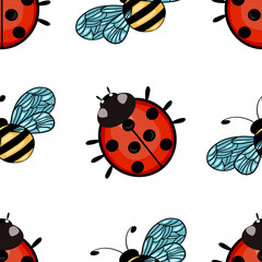 A seamless vector pattern featuring cute cartoon ladybugs and bees. The ladybugs are red with black spots, while the bees have yellow and black stripes with blue wings. Ideal for children's designs.