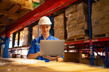 A warehouse worker uses a laptop to manage inventory, ensuring efficiency and safety in a modern...