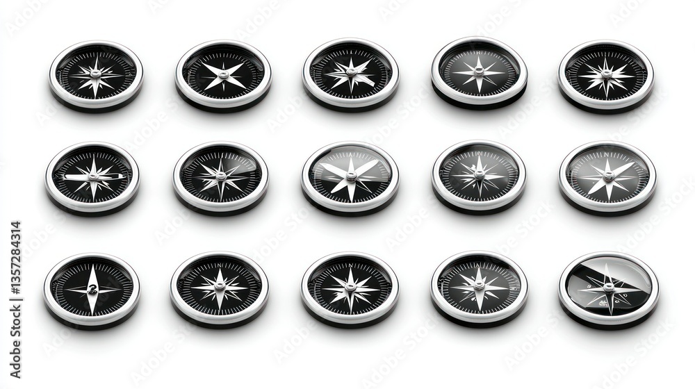 Poster A set of compass icons in black and white, perfect for maps or navigation tools 